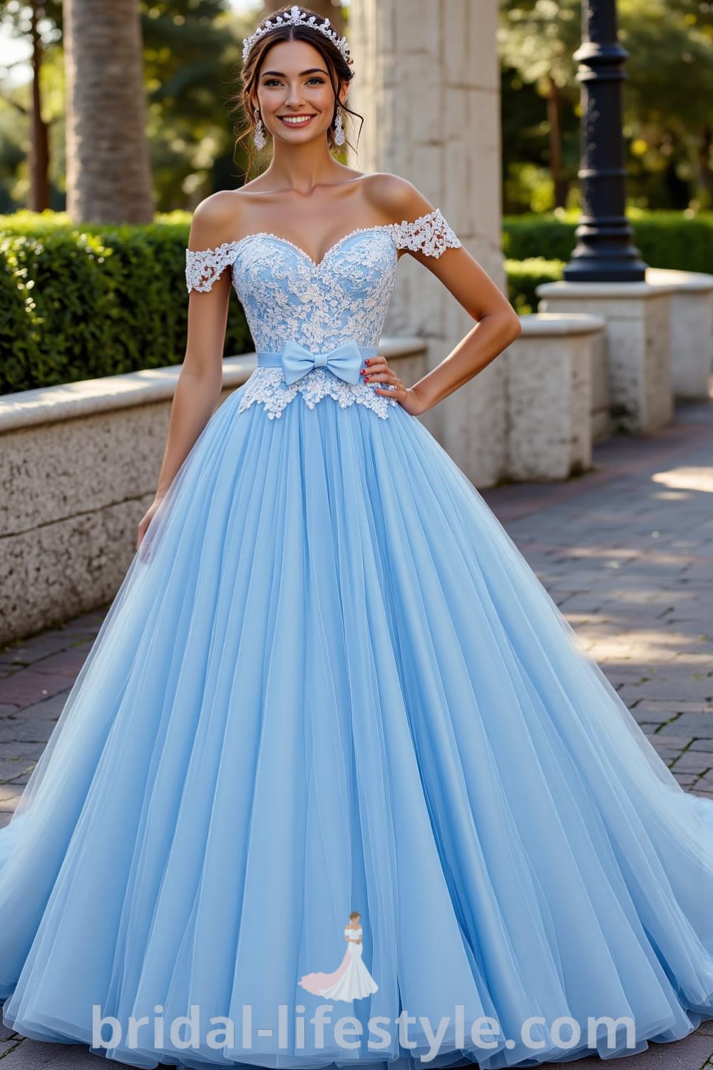 A stunning Princess Blue wedding dress with a voluminous tulle skirt and fitted satin bodice adorned with lace appliqués, featuring an off-the-shoulder neckline and a satin bow at the waist. bridal-lifestyle.com