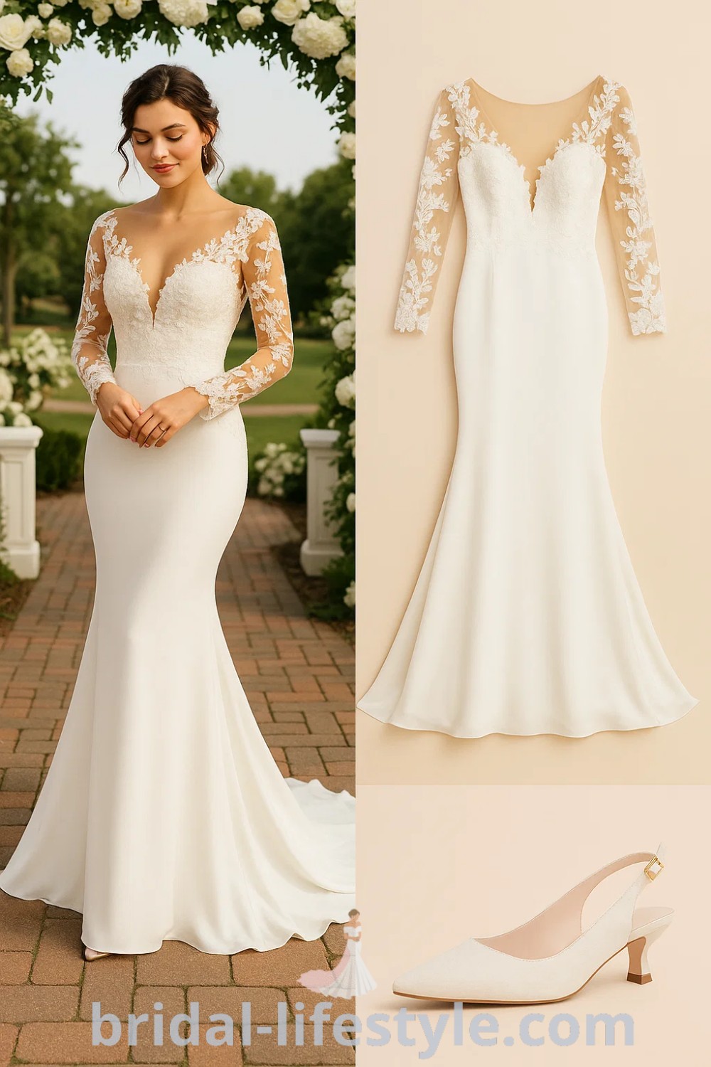 white mermaid tail wedding dress with lace details, paired with white heeled pumps, perfect for a whimsical bride and garden wedding, featured on pinshoesoutfits.com