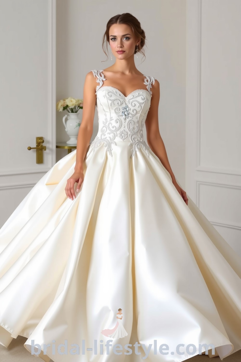 A stunning princess ballgown featuring soft satin layers, a sweetheart neckline with lace detailing, and delicate beading, ideal for dreamy brides seeking elegant dresses for their special day. bridal-lifestyle.com