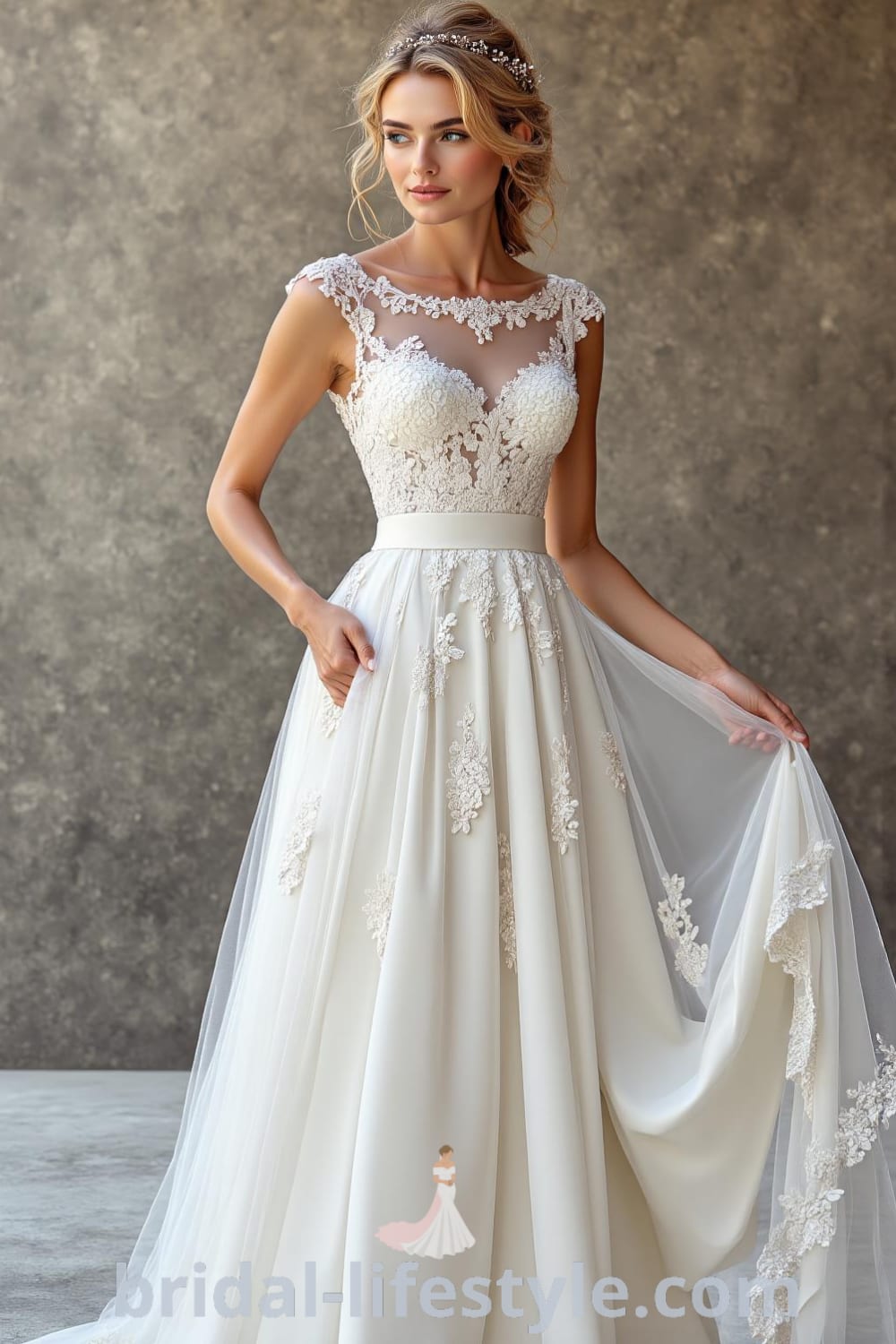 Elegant A-line wedding dress with a boat neckline, satin fabric, intricate lace appliqués, and a flowing skirt, ideal for a romantic celebration. bridal-lifestyle.com