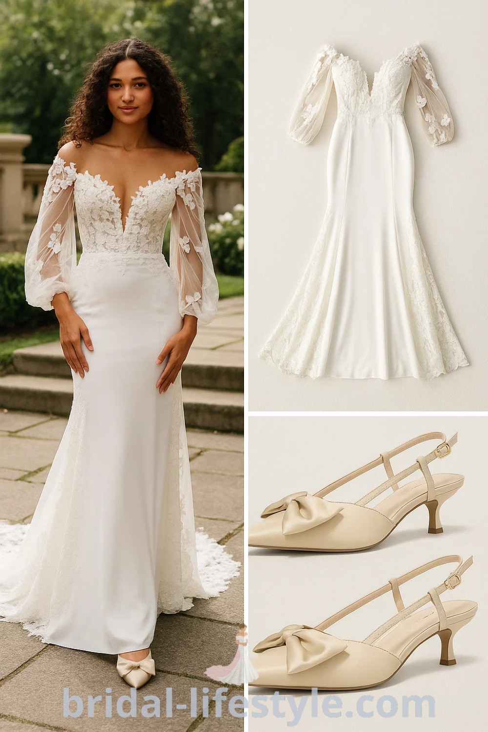 White long-sleeve floral appliqué wedding dress with beige slingback heels featuring bow details, embodying a romantic and elegant style, perfect for weddings and formal events, from pinshoesoutfits.com.
