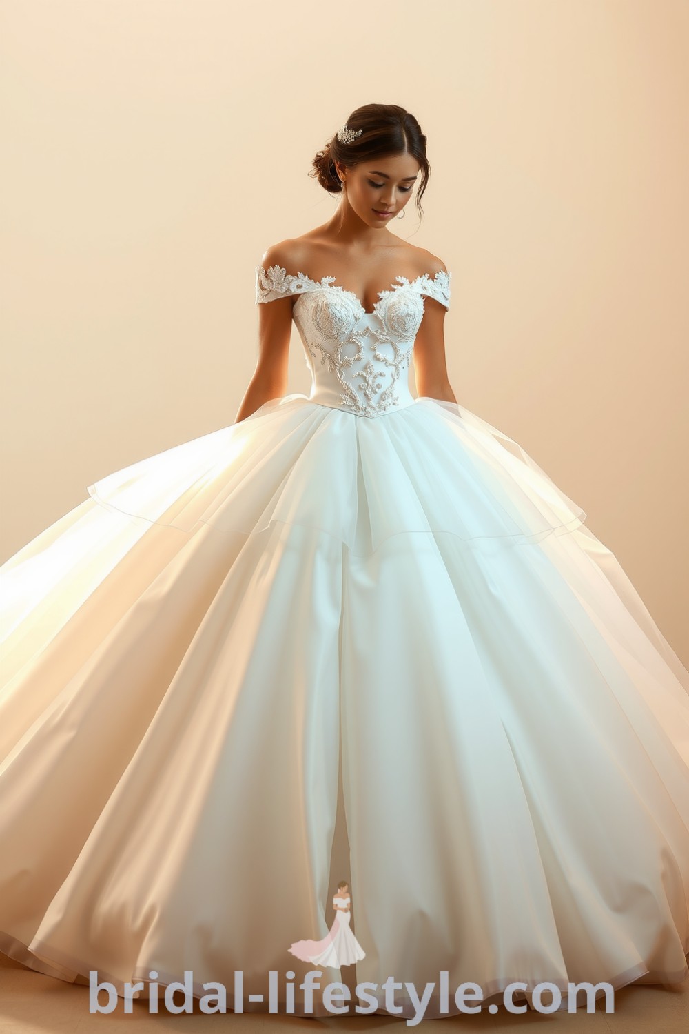Elegant romantic princess wedding gown with luxurious satin layers, off-the-shoulder neckline, lace appliqués, and tulle layers, perfect for dreamy brides and providing inspiration looks for the special day. bridal-lifestyle.com