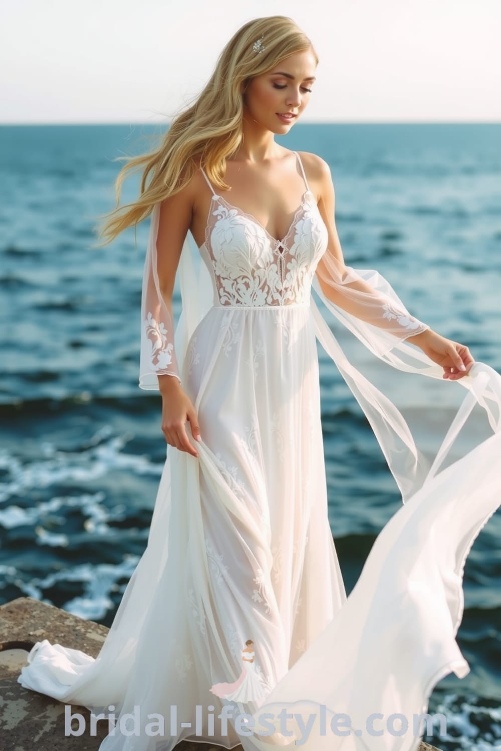 Romantic boho beach wedding dress with flowing lace, empire waist, sheer overlay, and floral embroidery, reflecting light beautifully. bridal-lifestyle.com
