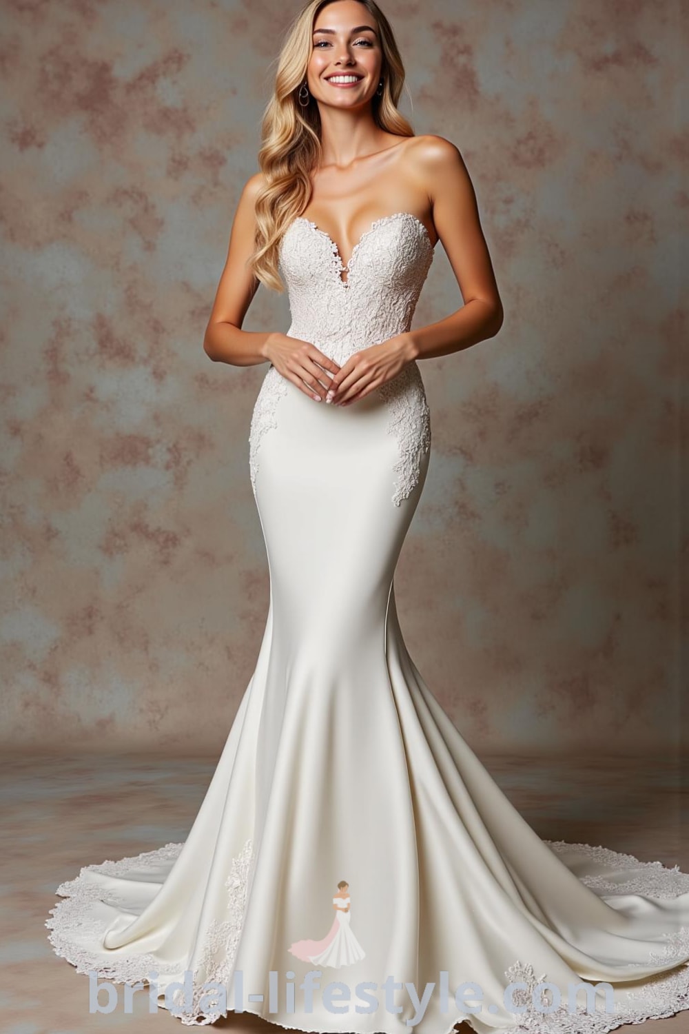 Mermaid wedding dress made of luxurious satin with strapless design, intricate lace appliqués on the bodice, and a dramatic fishtail train. bridal-lifestyle.com