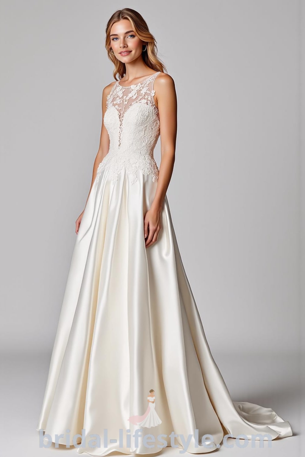 A-line wedding dress featuring a boat neck, lightweight satin fabric, intricate floral lace appliqués on the bodice, and a flowing skirt with a subtle train. bridal-lifestyle.com