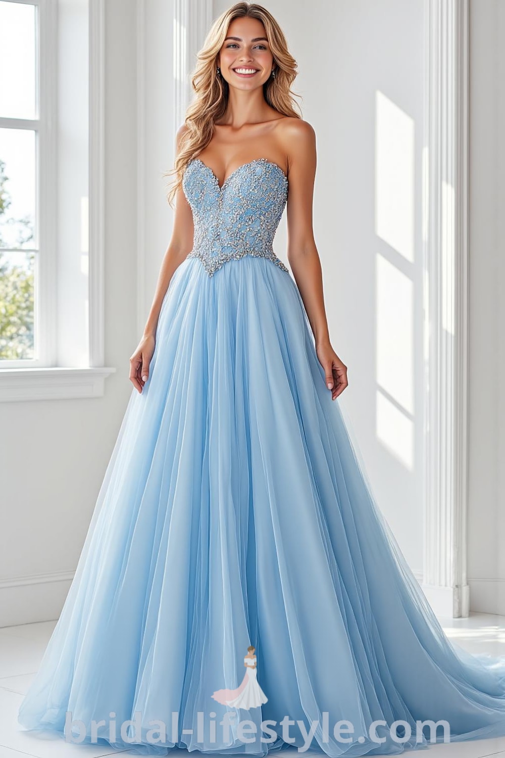Princess Blue wedding dress with fitted bodice, intricate beadwork, delicate lace motifs, voluminous tulle skirt, sweetheart neckline, and illusion back. bridal-lifestyle.com
