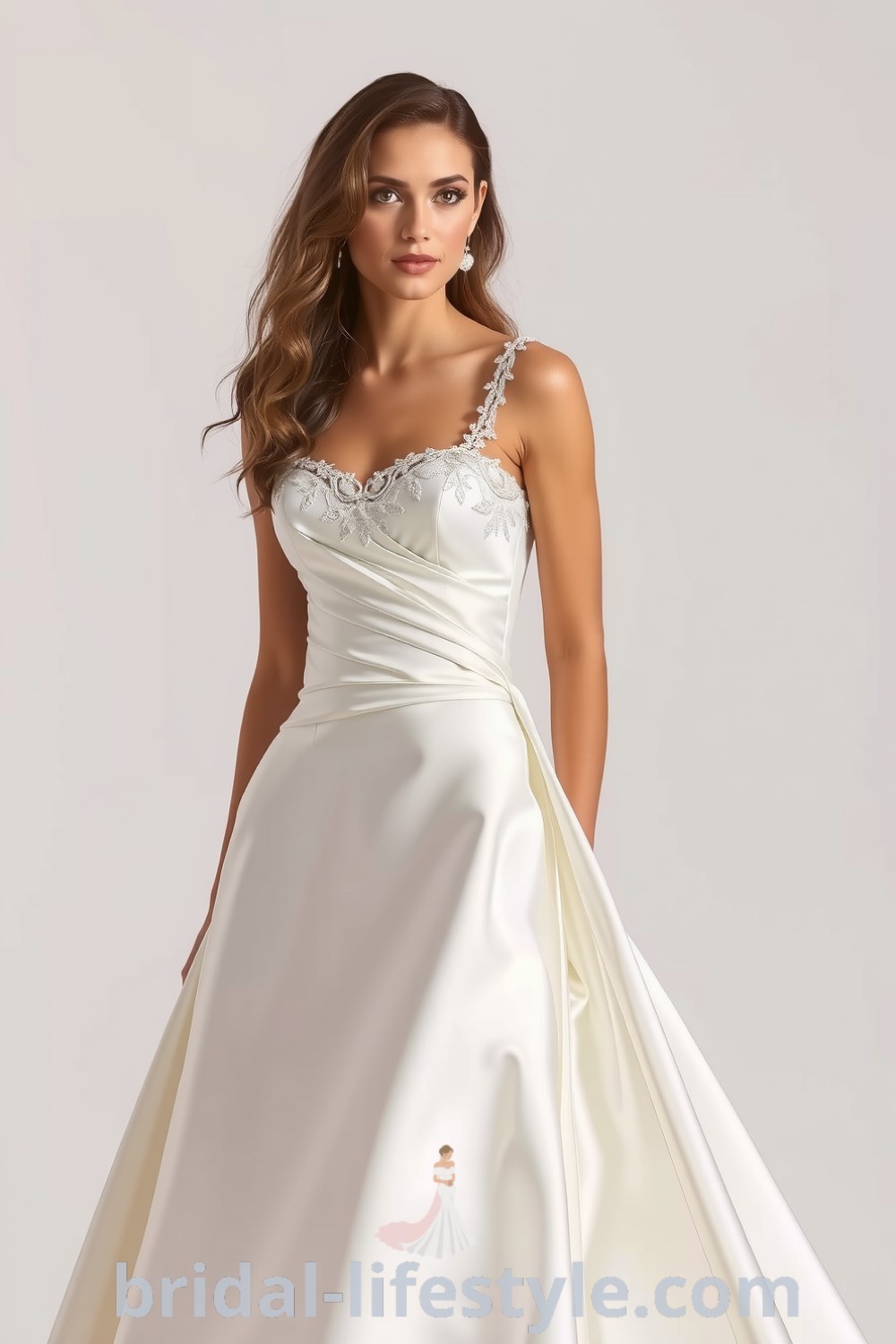 Fit and flare wedding dress with a square neckline, luxurious satin fabric, intricate lace appliqués, and a gracefully flaring skirt, perfect for dreamy brides on their special day. bridal-lifestyle.com