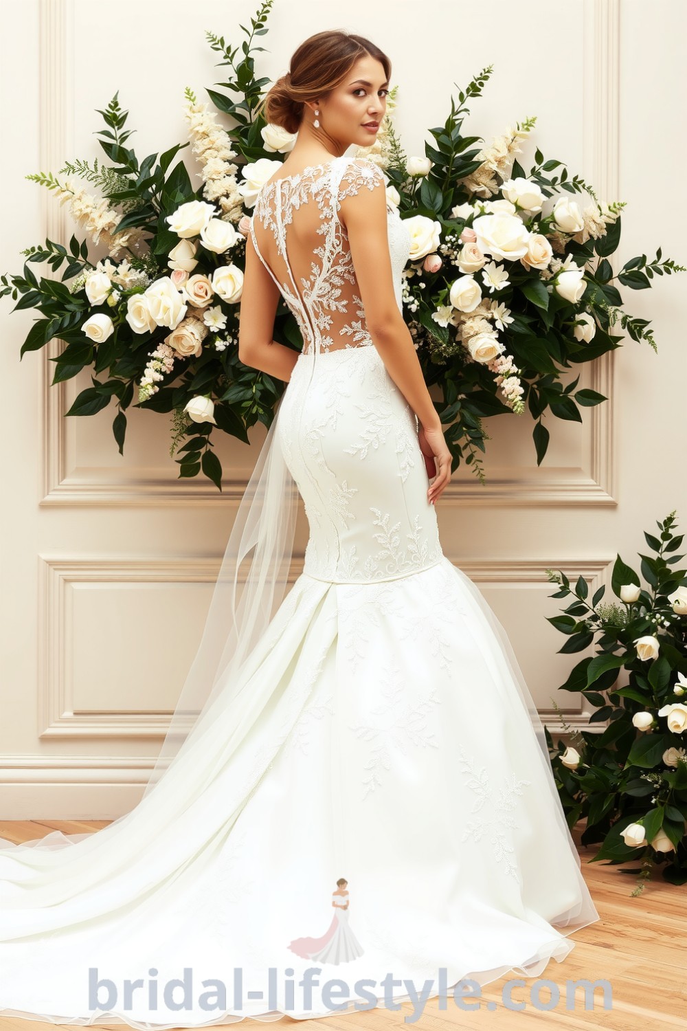 Elegant mermaid wedding dress with intricate lace detailing, sweetheart neckline, detachable tulle skirt, and dramatic train, perfect for dreamy brides. bridal-lifestyle.com