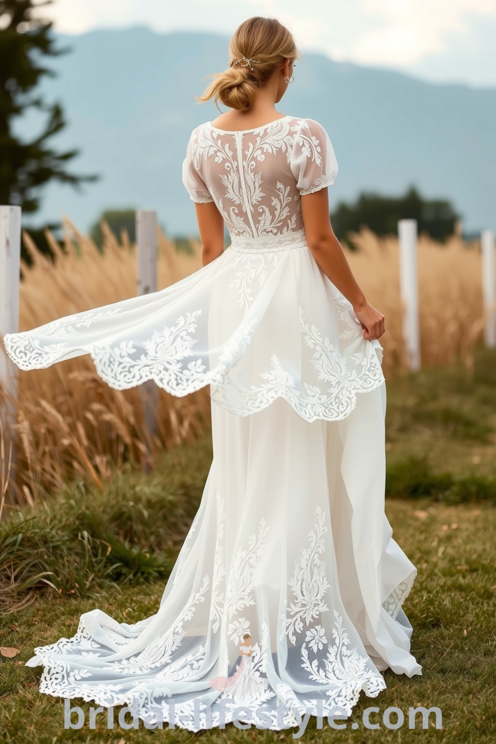 Boho wedding dress made from soft lace with floral motifs, slightly puffed sleeves, and a flowing skirt, perfect for outdoor celebrations. bridal-lifestyle.com