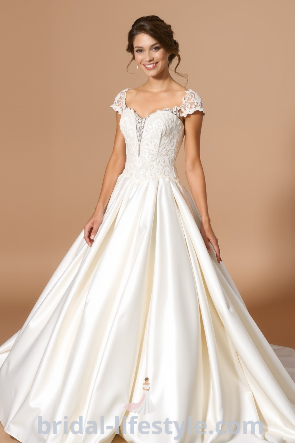 Elegant princess-style wedding dress with ivory satin layers, intricate lace appliqués, and voluminous skirt, perfect for dreamy brides looking for inspiration. bridal-lifestyle.com