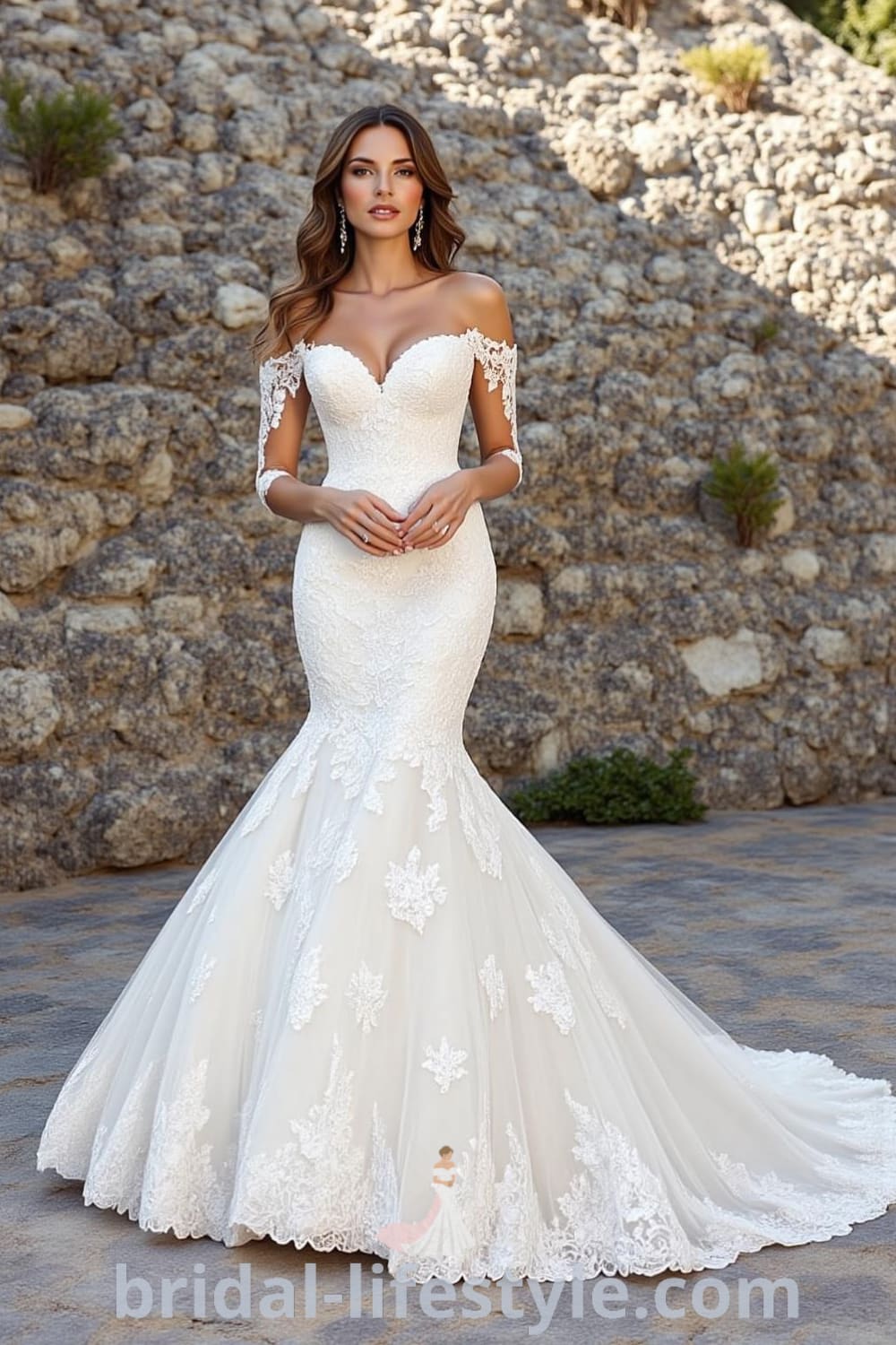 Mermaid wedding dress with intricate lace detailing, scalloped hemline, graceful train, sheer lace sleeves, and a sweetheart neckline. bridal-lifestyle.com