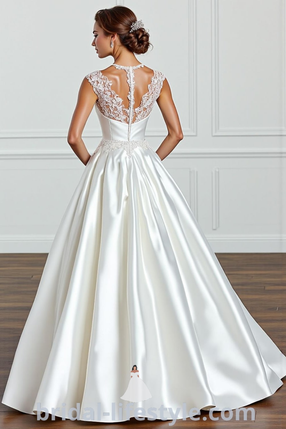 Princess Classy wedding dress in luxurious satin with sweetheart neckline, intricate lace detailing, ballgown skirt, and a graceful train. bridal-lifestyle.com