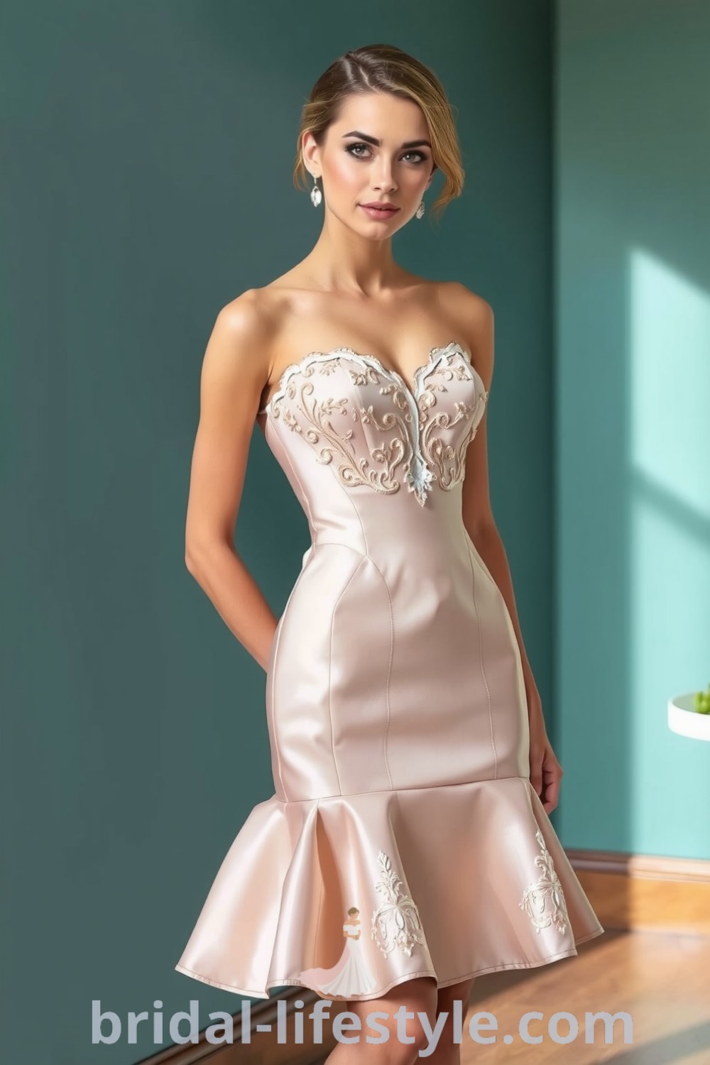 Elegant mermaid short dress with satin fabric, sweetheart neckline, lace appliqués, and a flared hem, showcasing timeless romance for every bride