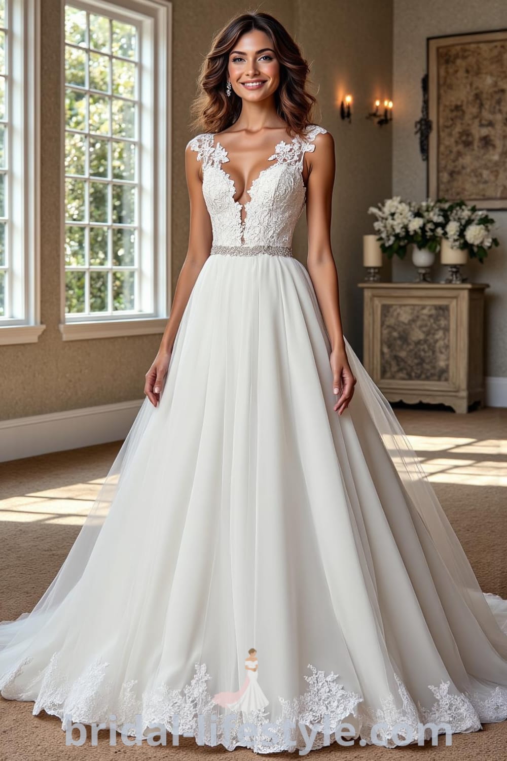 A-line wedding dress with detailed lace bodice featuring floral patterns, airy tulle skirt, subtle scoop neckline, and lace-trimmed hem. bridal-lifestyle.com