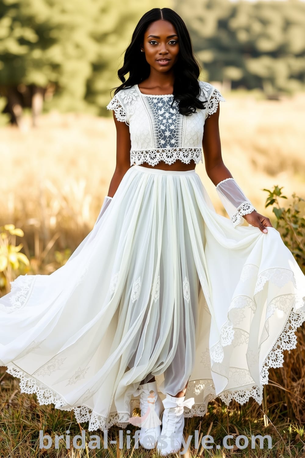 Boho two-piece wedding dress featuring a flowing ivory lace A-line skirt, intricately patterned crop top with delicate embroidery, and sheer long sleeves. bridal-lifestyle.com