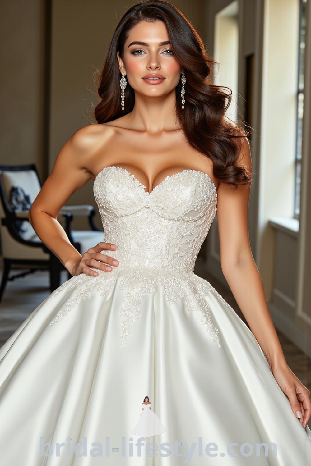 Princess Classy wedding dress with fitted lace bodice, voluminous satin skirt, exquisite sweetheart neckline, and subtle embellishments. bridal-lifestyle.com