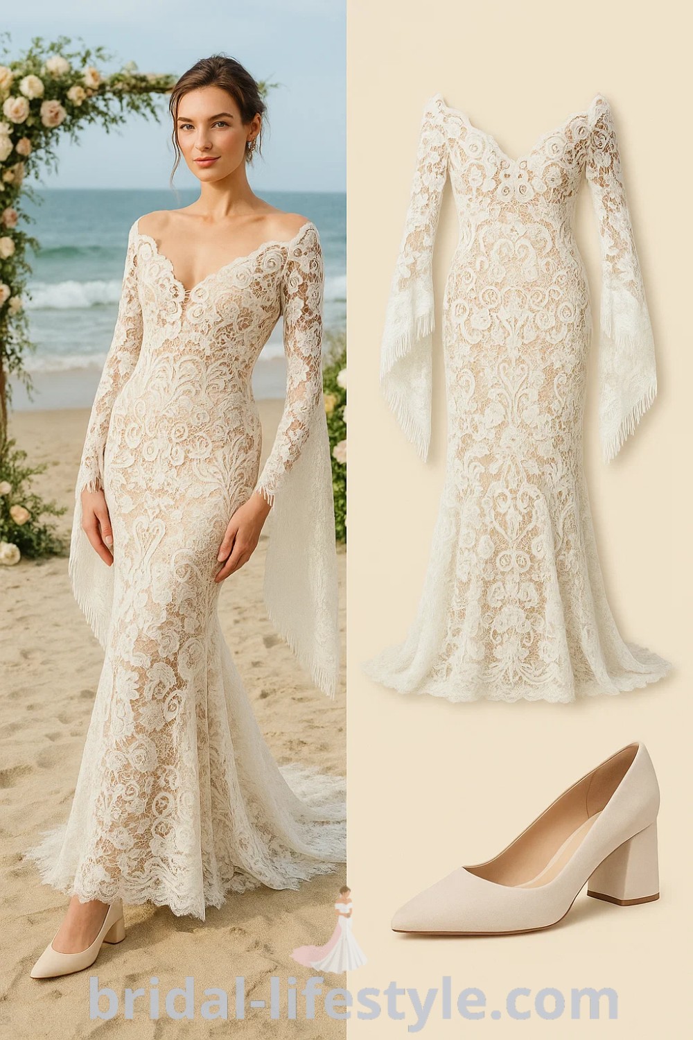 ivory lace wedding dress with long sleeves, blush pointed toe block heels, mermaid silhouette, perfect for bohemian weddings, beach weddings, and elopement dresses. Find more styles at pinshoesoutfits.com.