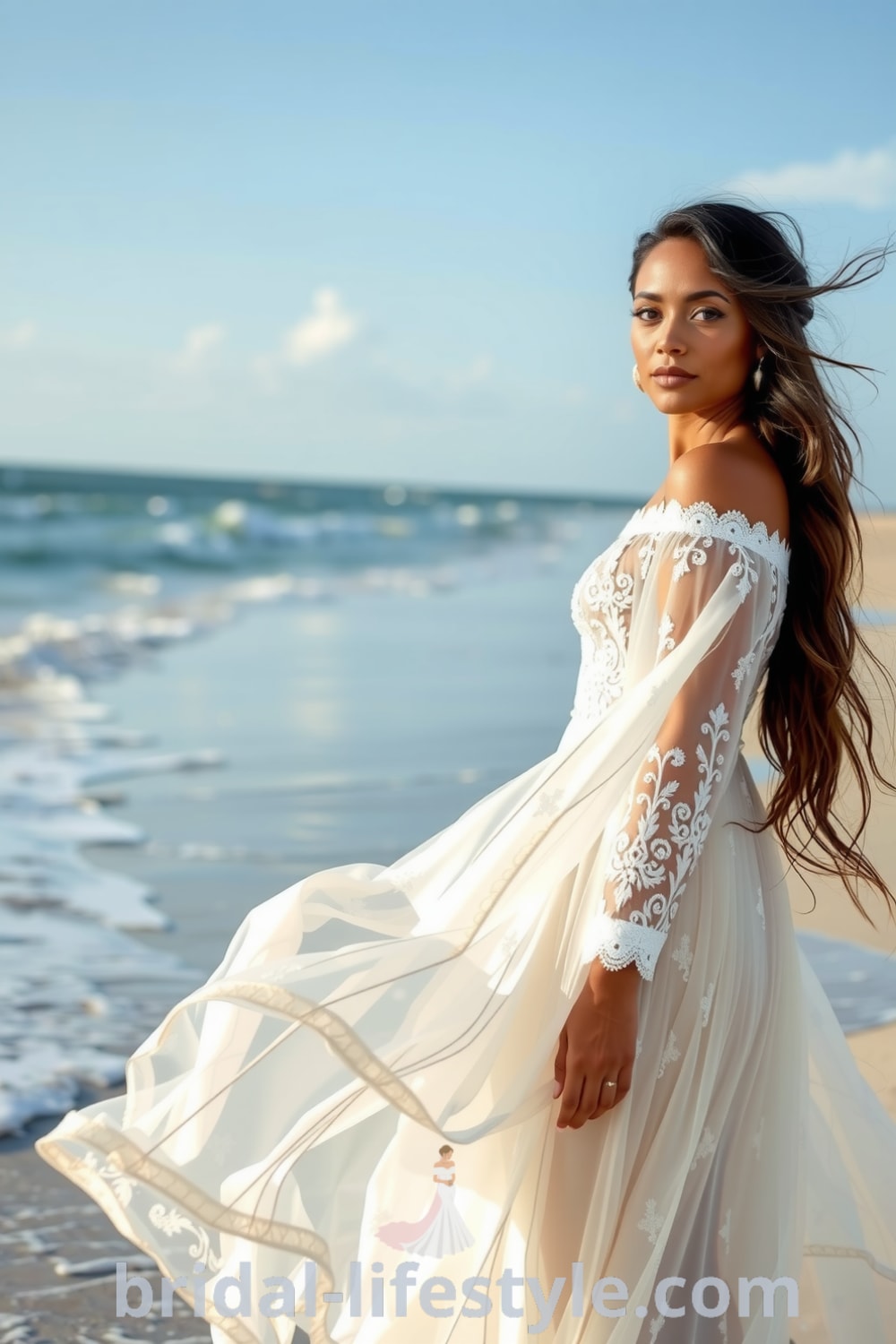 A serene boho beach wedding dress made of soft lace and chiffon, featuring an off-the-shoulder neckline, cascading sleeves, and delicate embroidery. bridal-lifestyle.com