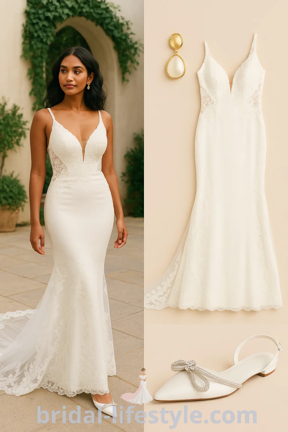 fitted wedding dress in ivory with lace detailing, elegant pointed-toe slingback shoes in white, romantic and timeless aesthetic, perfect for wedding and bridal shower events, available at pinshoesoutfits.com