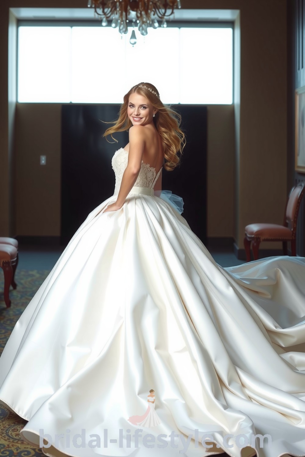 A radiant bride in a princess ballgown with a flowing satin skirt and intricate lace appliqués, showcasing an elegant silhouette perfect for dreamy brides. bridal-lifestyle.com