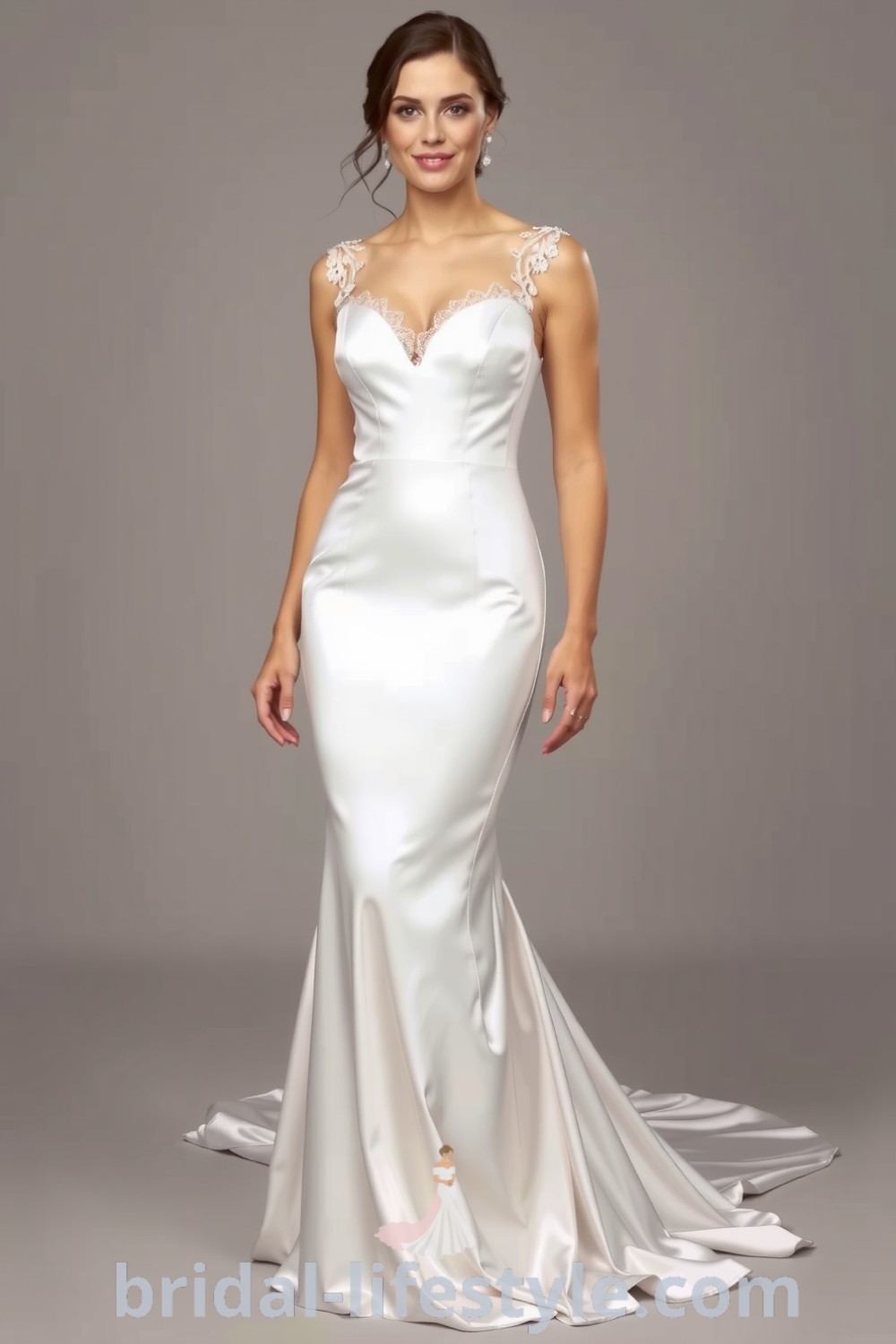 Elegant satin fit and flare wedding dress with lace sweetheart neckline and draped train, ideal for dreamy brides seeking inspiration for the special day. bridal-lifestyle.com