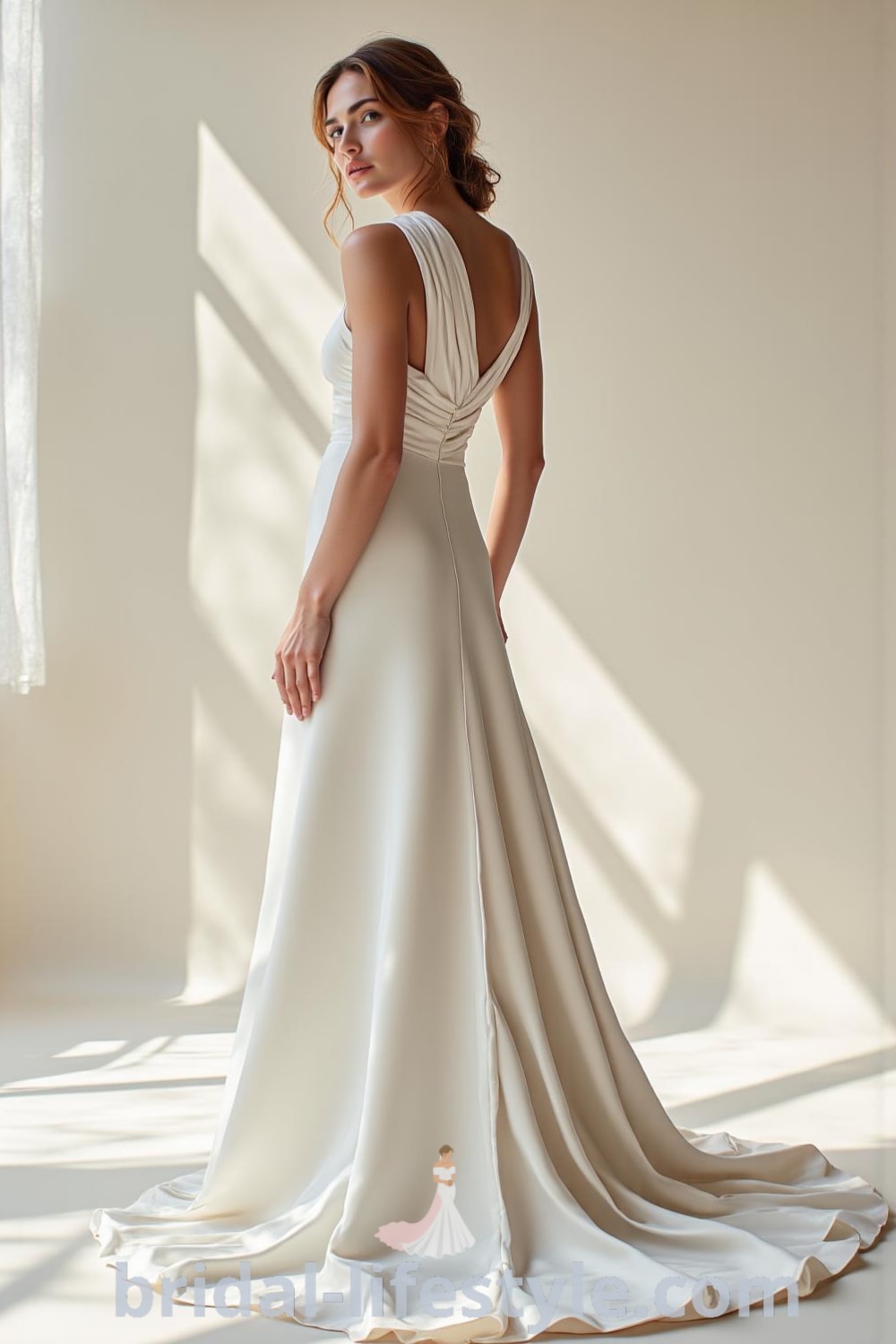Elegant minimalist wedding dress made of luxurious satin with a cowl neckline and draped back, perfect for a modern bride. bridal-lifestyle.com