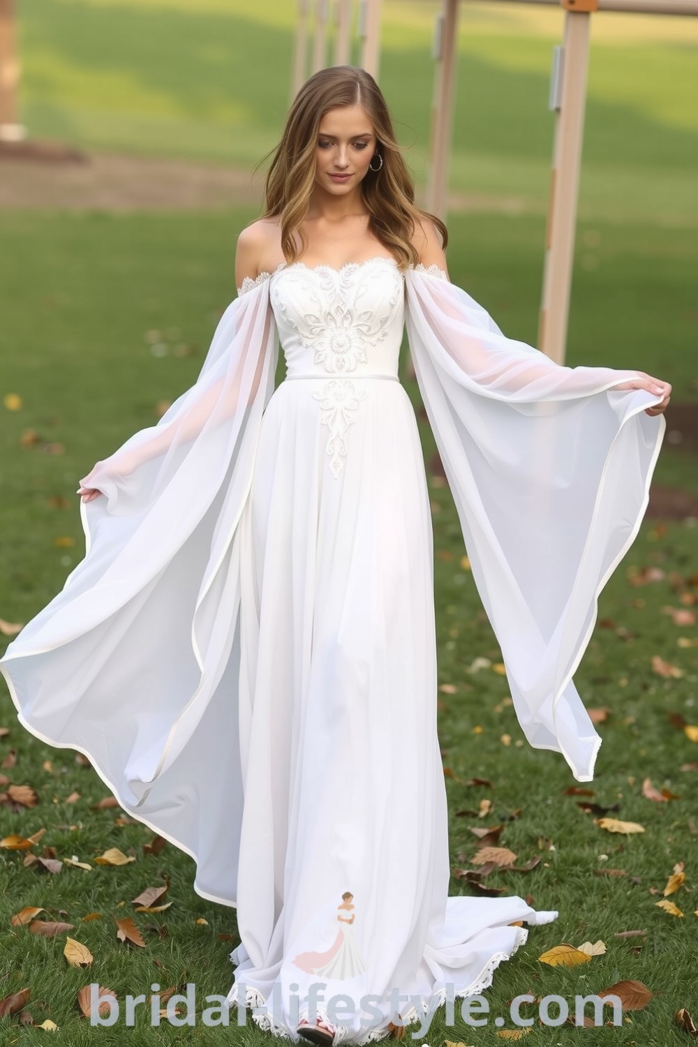 A captivating boho wedding dress with flowing chiffon layers, delicate lace bodice, and off-the-shoulder neckline, perfect for dreamy brides. bridal-lifestyle.com