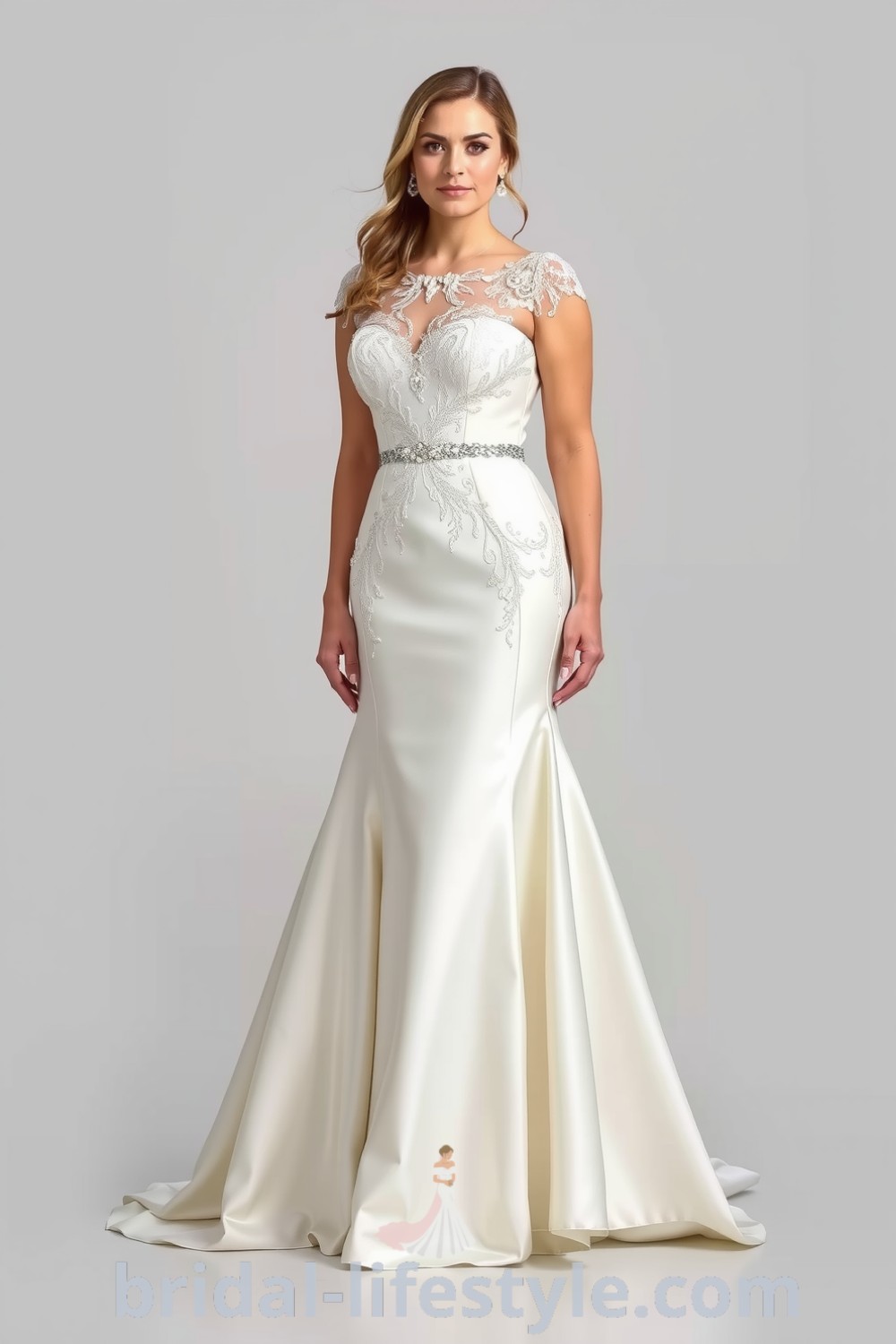 A stunning fit and flare wedding dress for plus-size brides with lace bodice, silky satin skirt, and beaded sweetheart neckline. bridal-lifestyle.com