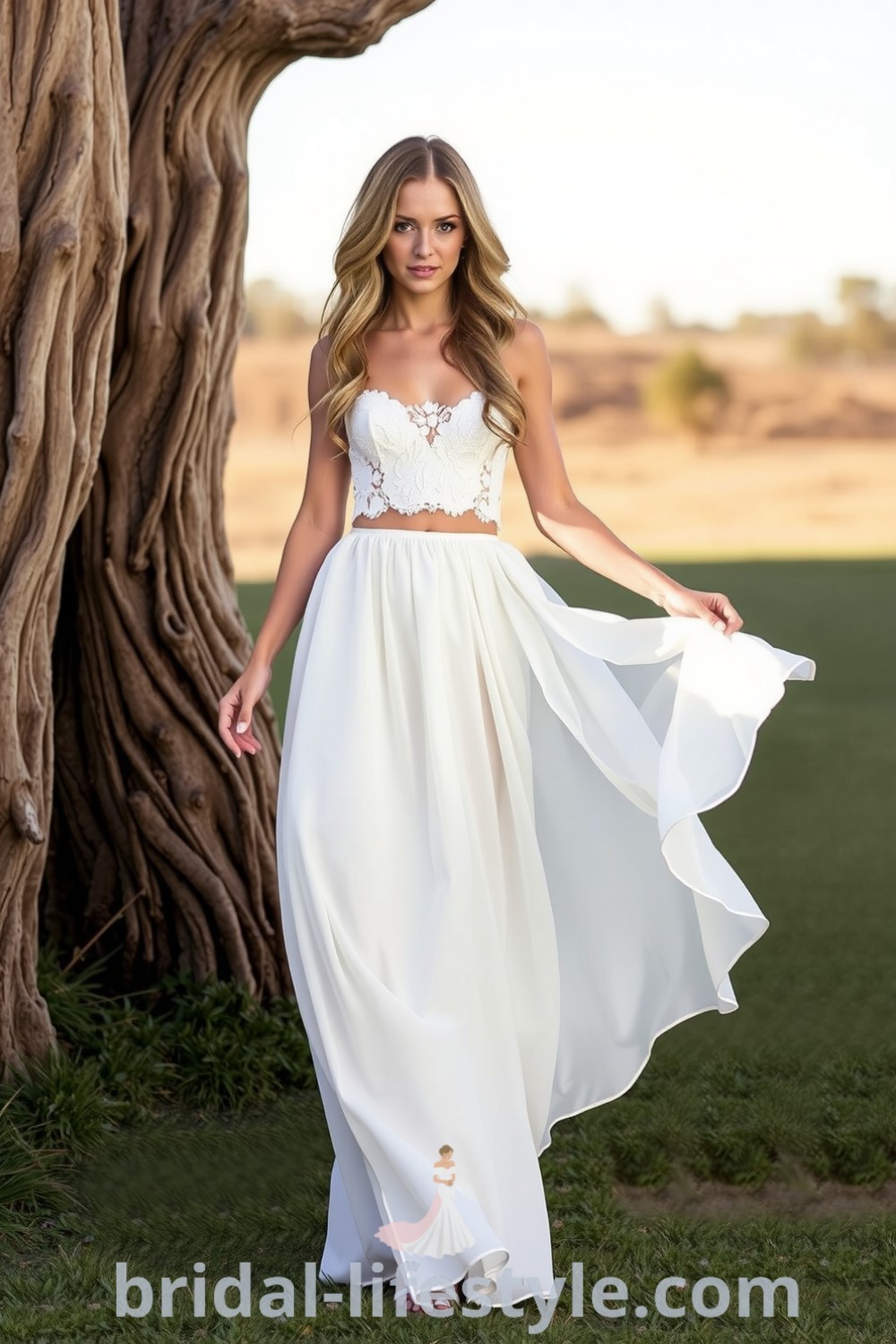 A stunning two-piece boho wedding dress with a delicate lace crop top and flowing A-line chiffon skirt, ideal for dreamy brides seeking inspiration for their special day. bridal-lifestyle.com