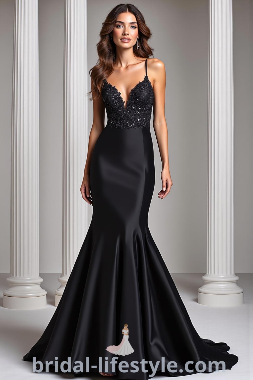 Mermaid wedding dress in rich black satin with intricate lace detailing on the bodice and sleeves, featuring a dramatic low back and soft side panels. pinshoesoutfits.com