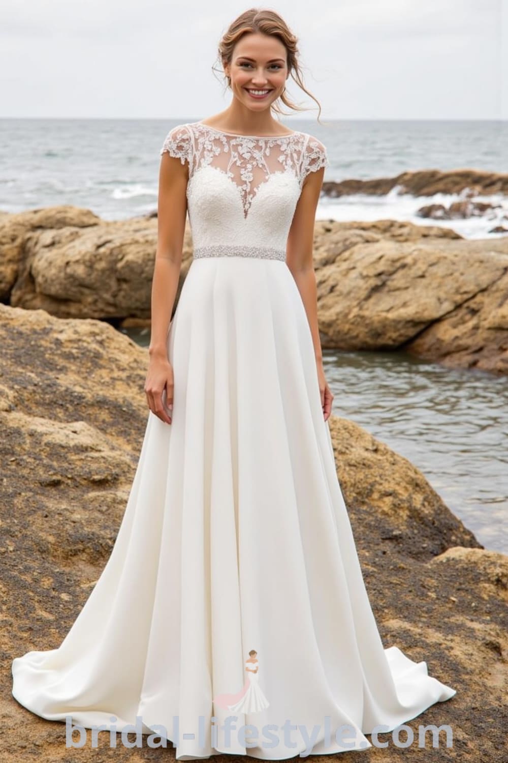Elegant A-line wedding dress with boat neck, soft satin fabric, subtle lace overlay, and delicate cap sleeves, perfectly showcased for bridal-lifestlye.com.