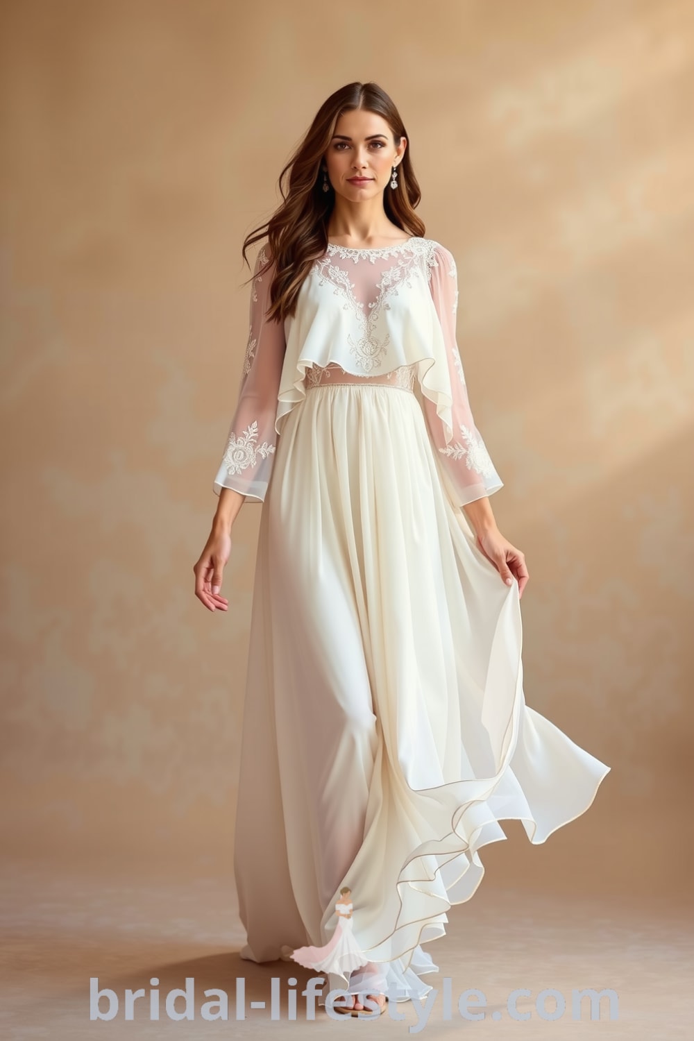 Boho two-piece bridal dress with lace crop top and high-waisted chiffon skirt, featuring intricate embroidery and flowing movement. bridal-lifestyle.com