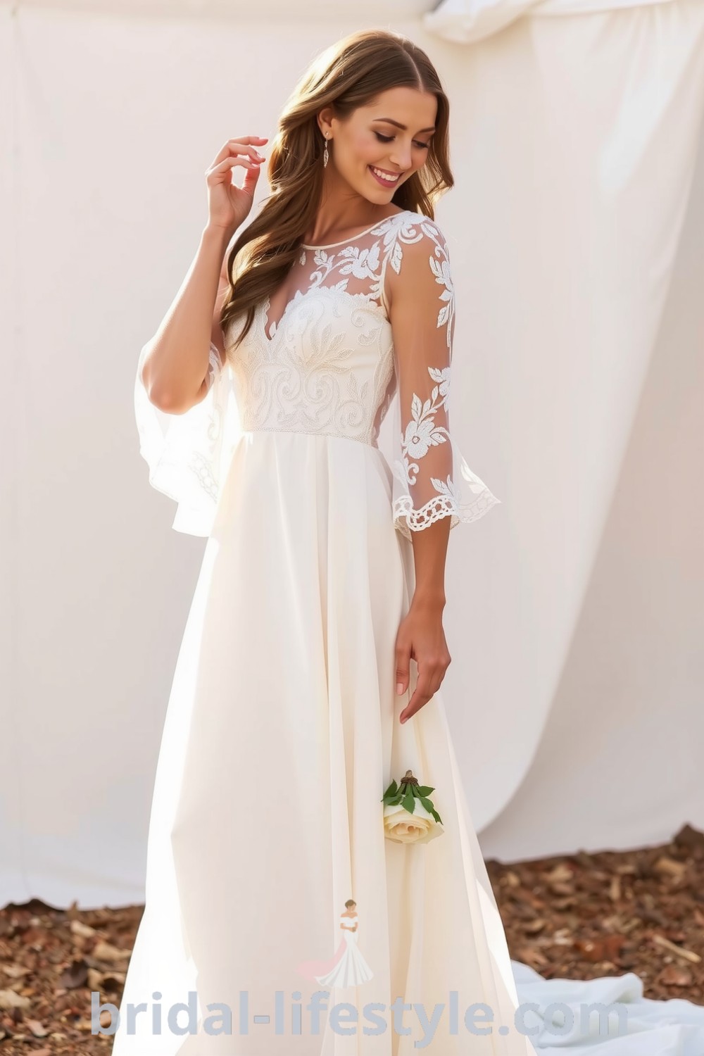 Elegant ivory lace boho wedding dress with A-line silhouette, intricate floral patterns, and sheer sleeves, perfect for outdoor celebrations. bridal-lifestyle.com