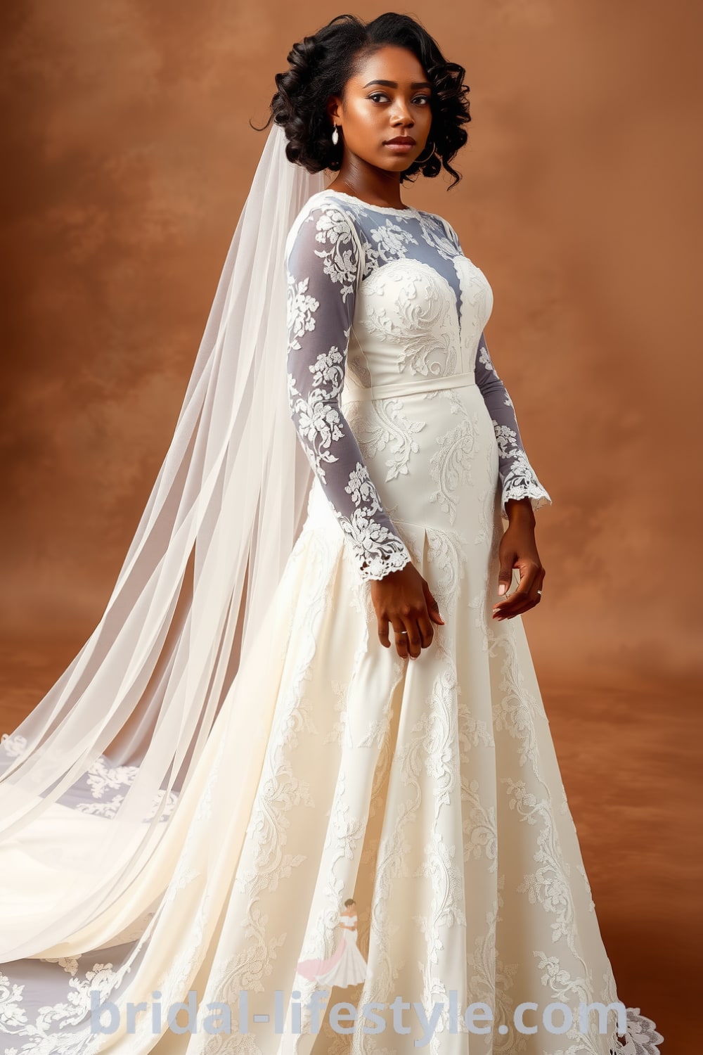 Long-sleeve lace wedding dress enveloping a Black bride, featuring intricate floral patterns, fitted bodice, and a flowing skirt with a delicate train. bridal-lifestyle.com