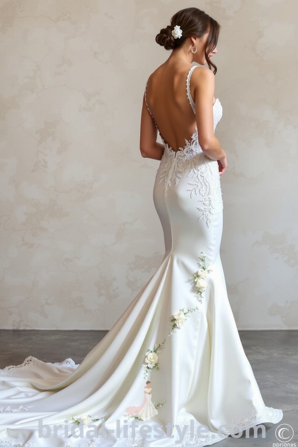Elegant mermaid wedding dress with open back, layered satin and embroidered lace, floral appliqués for a dreamy bride