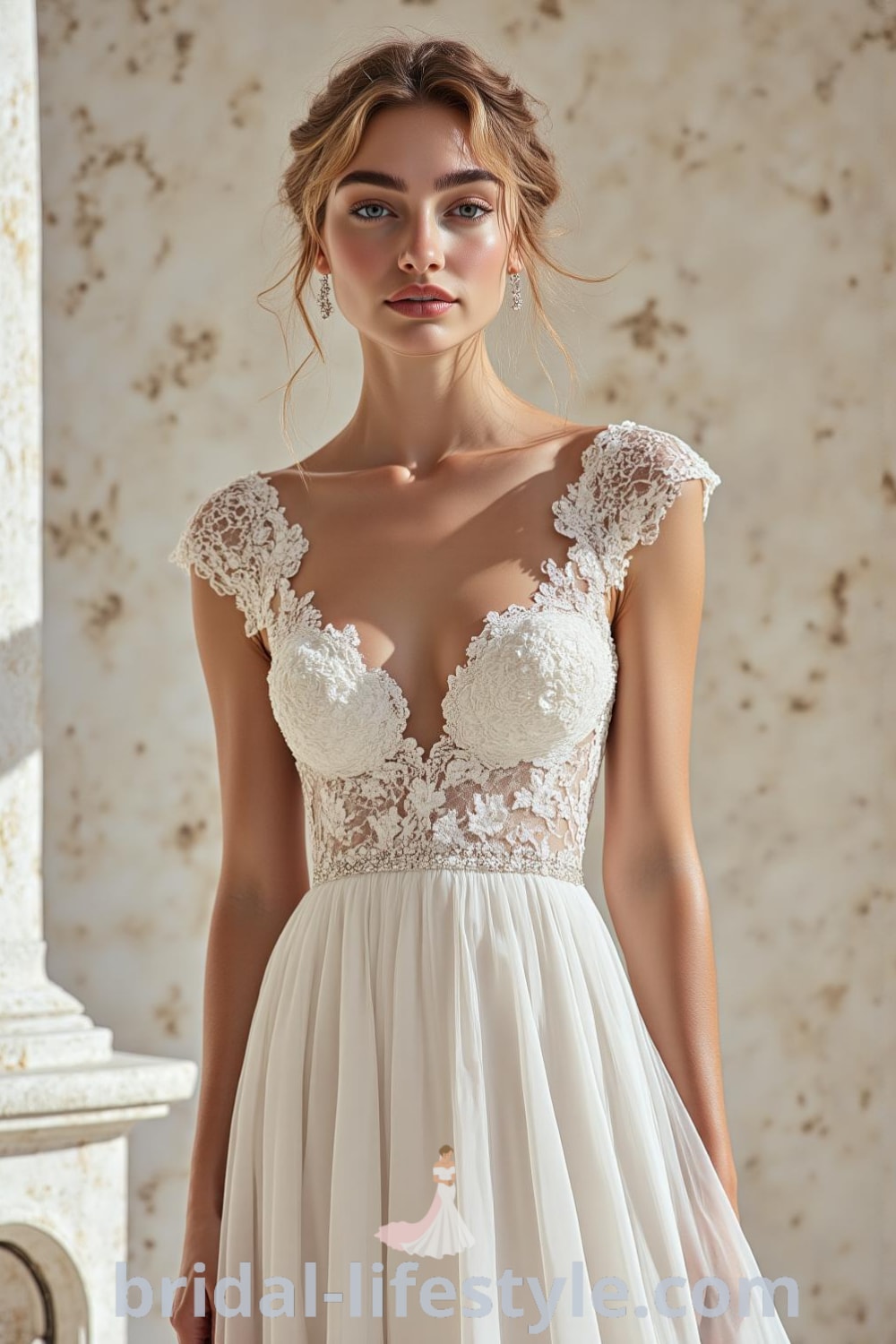 A-line wedding dress featuring a satin skirt, lace appliqués, plunging V-neckline, and cap sleeves, designed for elegance and timelessness. bridal-lifestyle.com