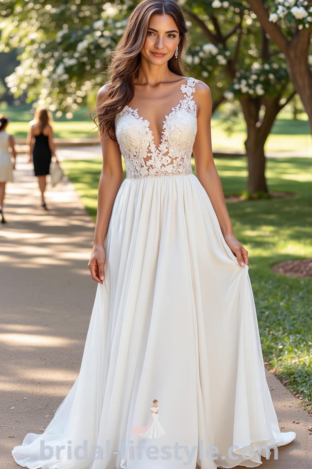 A-line wedding dress with a lace bodice, flowing chiffon skirt, V-neckline, and floral appliqués at the waist. bridal-lifestyle.com