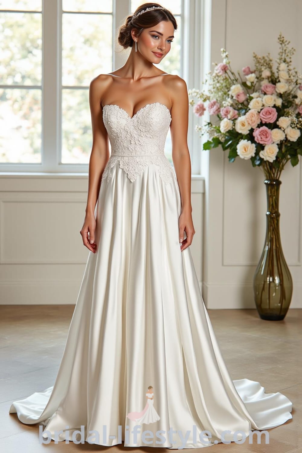 A-line strapless wedding dress made of soft satin, adorned with floral lace appliqués and featuring a concealed waistband and a billowing train. bridal-lifestyle.com