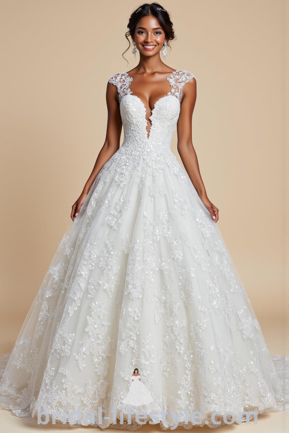 A stunning Princess Glitter wedding dress with a full tulle skirt, sequined embellishments, a fitted lace bodice, deep sweetheart neckline, and delicate cap sleeves. bridal-lifestyle.com