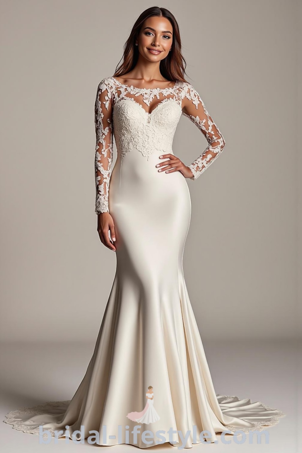 Stunning mermaid wedding dress made of luxurious satin with embroidered lace detailing around the neckline and sleeves, featuring a detachable train for dramatic effect. bridal-lifestyle.com