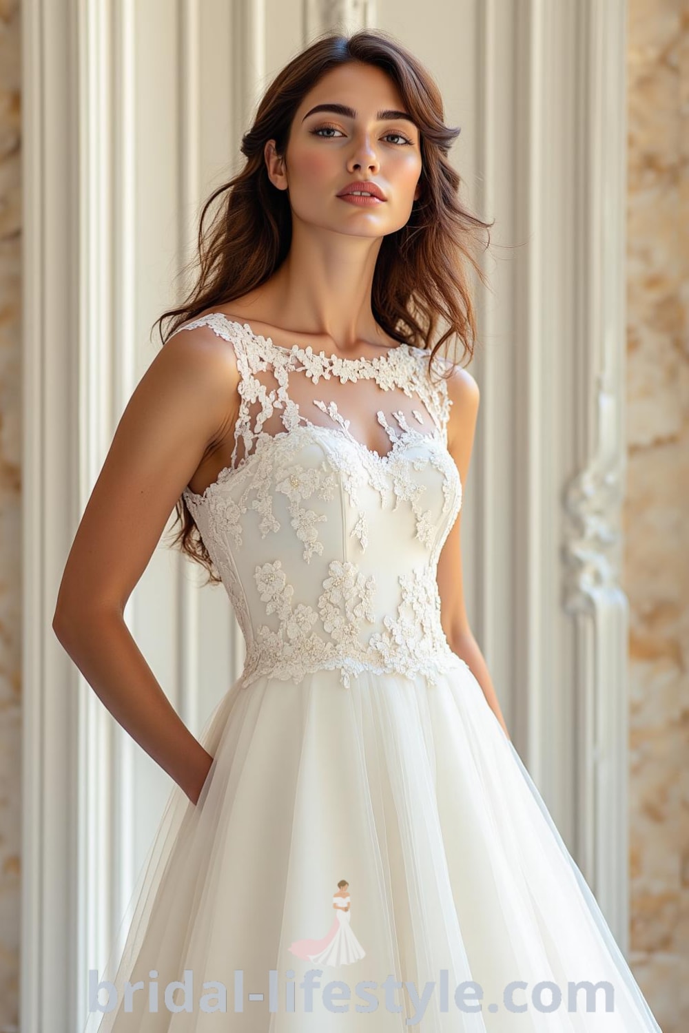 A-line wedding dress with boat neck, luxurious satin fabric, delicate lace appliqués on the bodice, and a graceful skirt. bridal-lifestyle.com