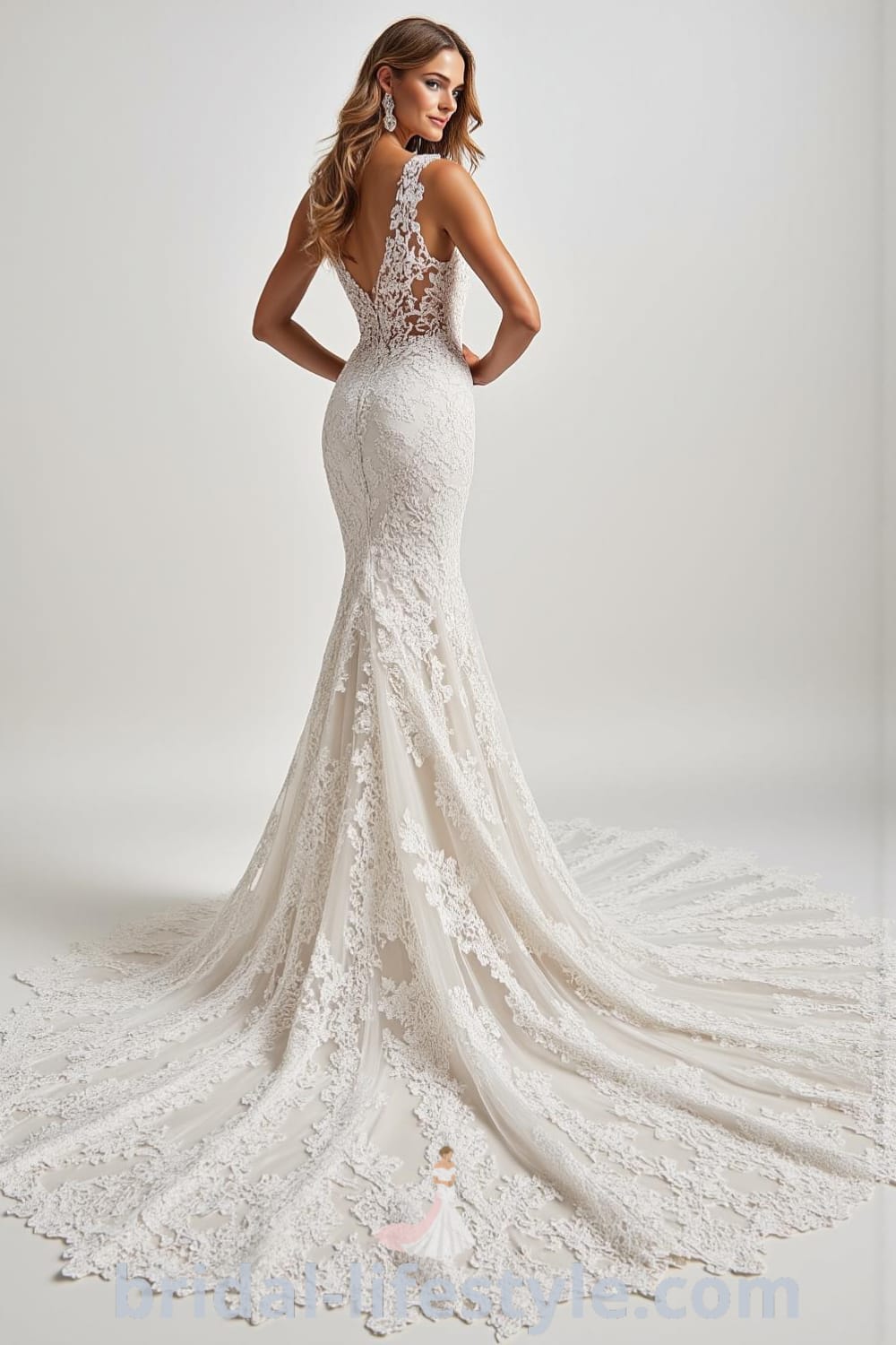 Mermaid wedding dress with intricate lace overlays, sweetheart neckline, delicate cap sleeves, and a dramatic train, showcasing elegance and sophistication. bridal-lifestyle.com