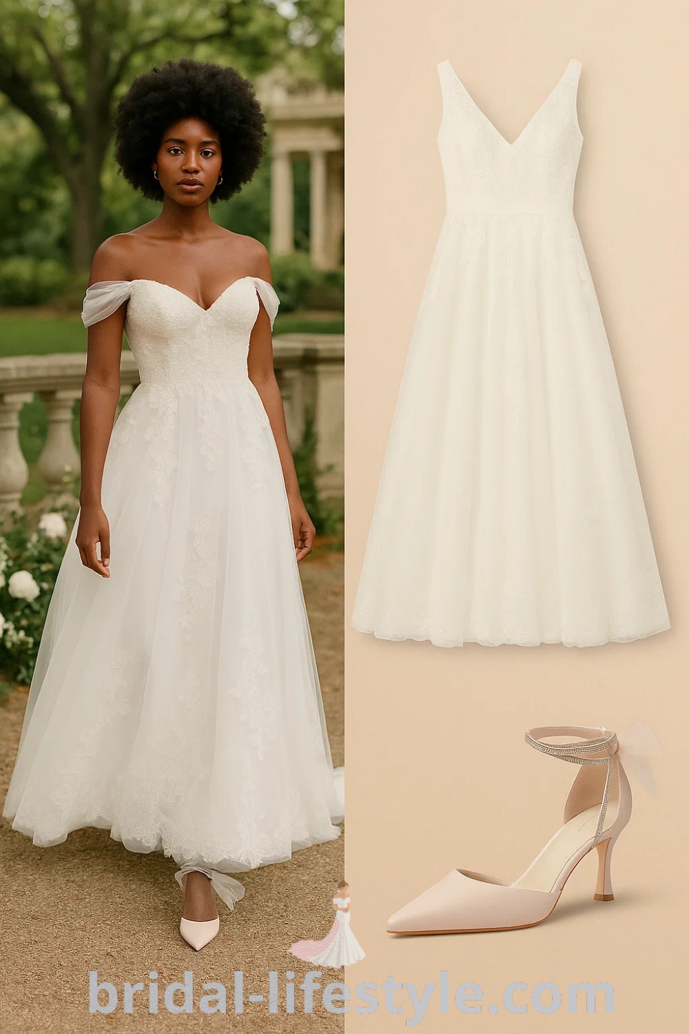 A-Line lace wedding dress features an elegant off-the-shoulder design, complemented by a flowing skirt and structured bodice. Perfect for weddings and formal events, styled with light pink pointed toe heels. Available on pinshoesoutfits.com.