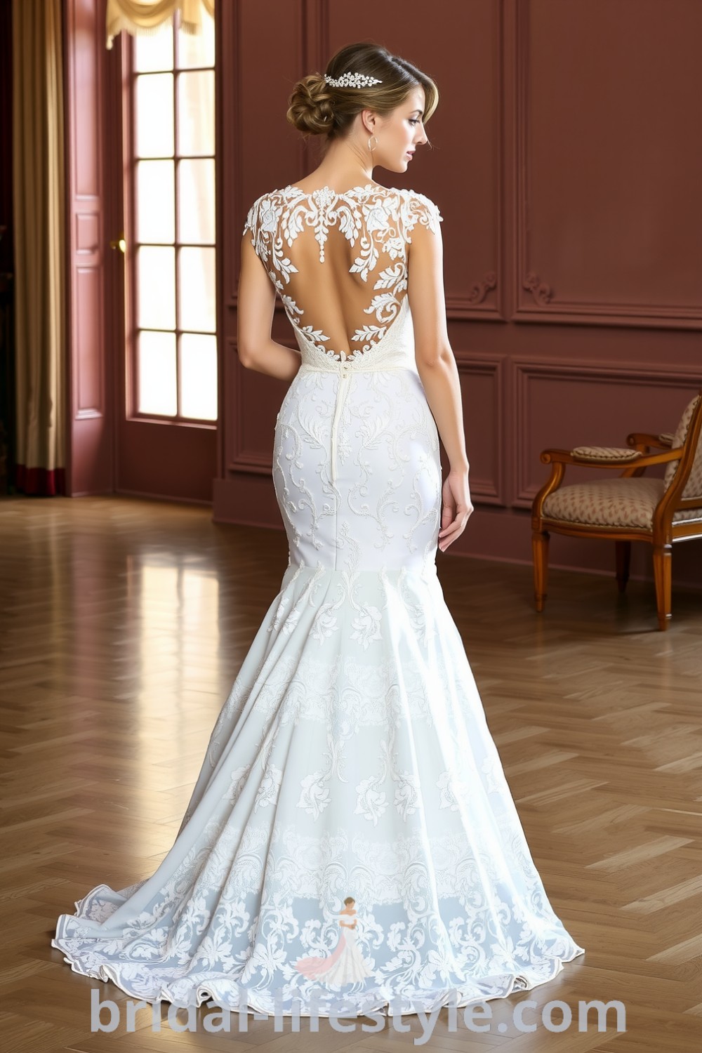 Fit and flare wedding dress with a fitted lace bodice, flowing skirt, open back, and satin accents. bridal-lifestyle.com