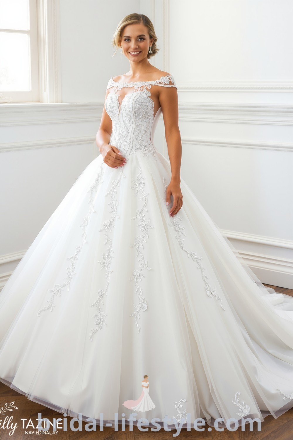 Elegant princess wedding dress with shimmering tulle, satin layers, intricate lace appliqués, and a voluminous skirt, perfect for dreamy brides seeking inspiration for their special day. bridal-lifestyle.com