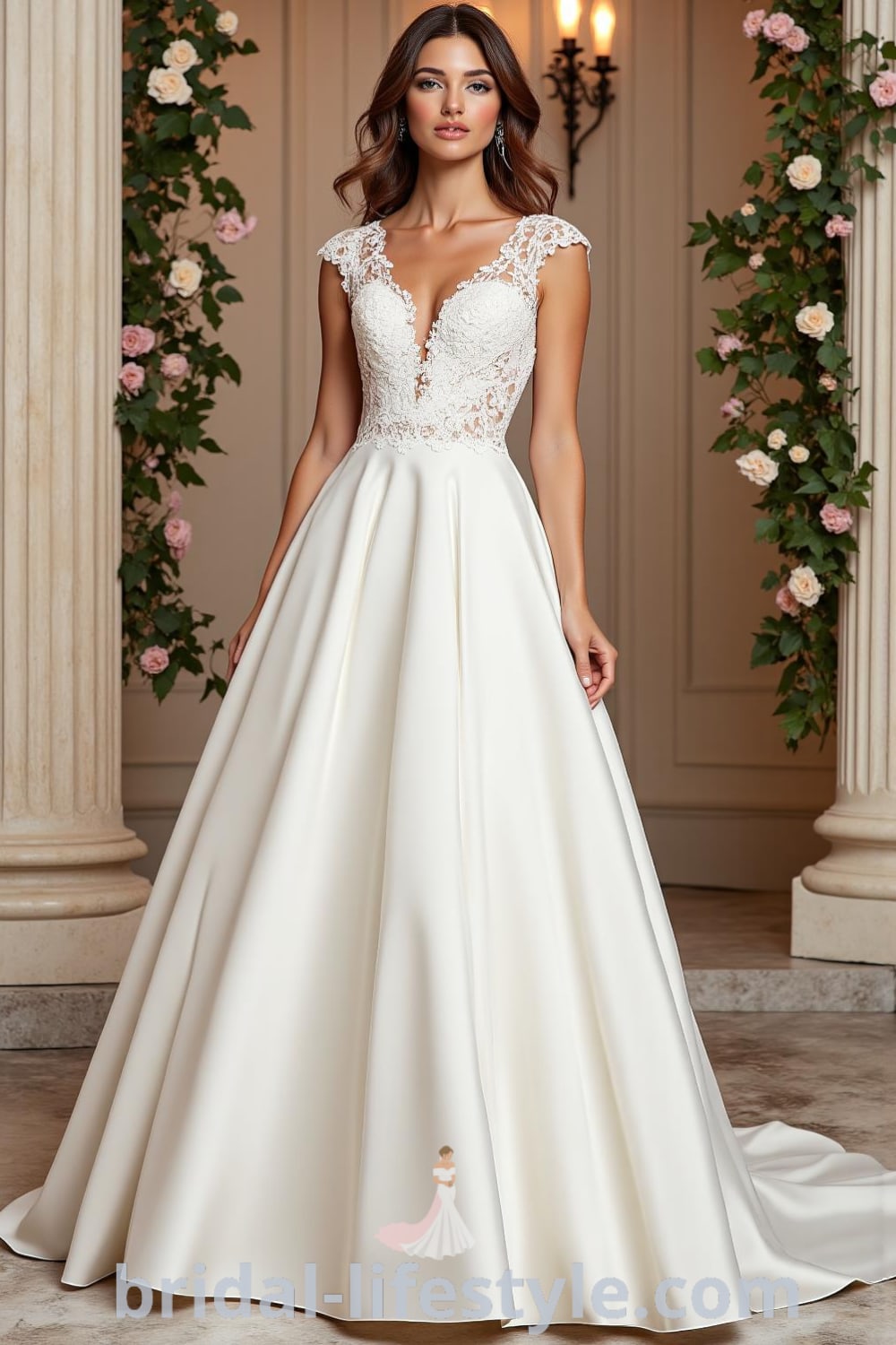 A-line wedding dress featuring an intricate lace bodice, flowing satin skirt, delicate cap sleeves, and exquisite embroidery, with a subtle train. bridal-lifestyle.com
