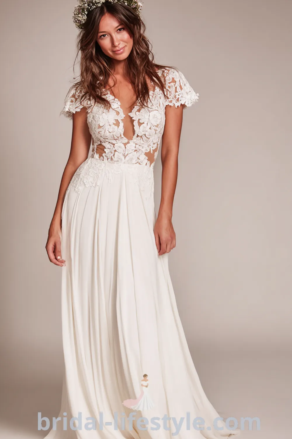 Boho floral wedding dress with crocheted lace bodice, romantic boho vibes, outdoor wedding inspiration, free-spirited bridal gown.