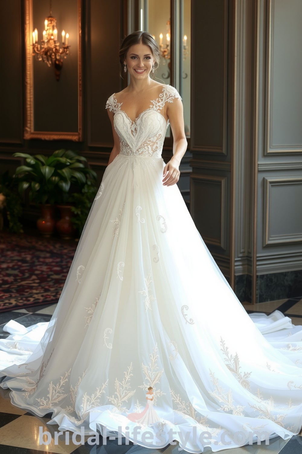 A whimsical Princess Glitter wedding dress with a fitted bodice adorned with lace and sequins and a voluminous tulle skirt, capturing the essence of elegance and romance for dreamy brides. bridal-lifestyle.com
