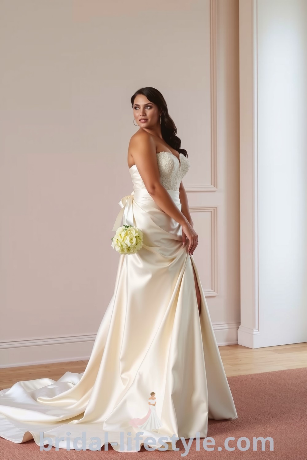 Fit and flare plus size wedding dress in luxurious satin with lace detailing along the sweetheart neckline and flared skirt, featuring a flowing train. bridal-lifestyle.com