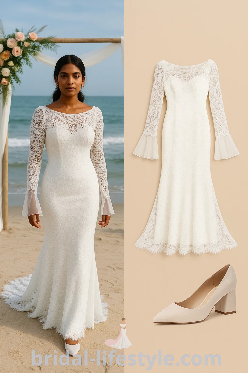White long-sleeved bridal gown with lace details and fitted silhouette, complemented by beige pump heels, perfect for beach weddings and formal events. Discover more outfits like this at pinshoesoutfits.com.